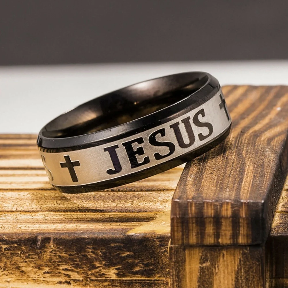 Jesus Cross Prayer Ring Stainless Black And Silver Band!